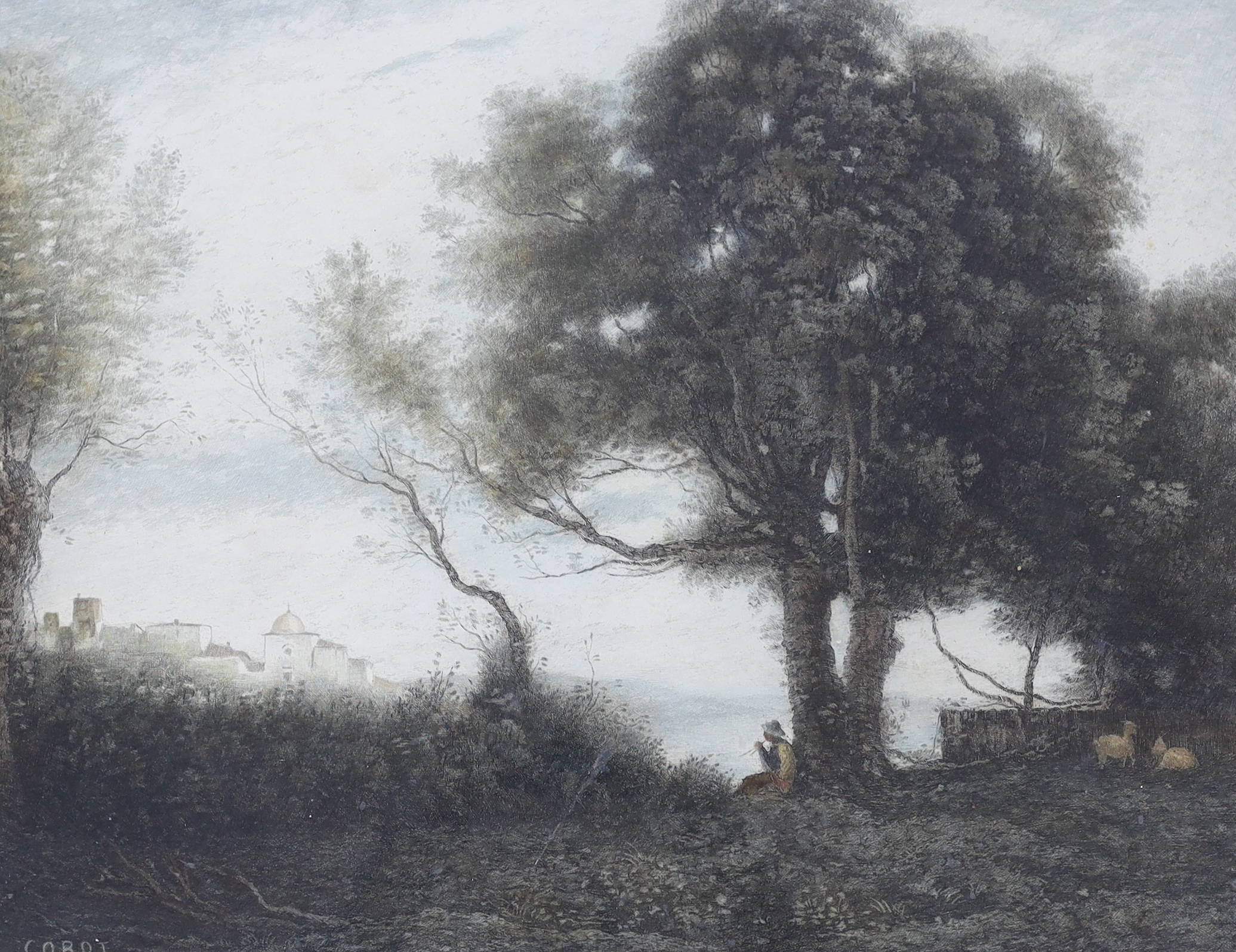 After Jean-Baptiste-Camille Corot (French, 1796-1875), artist proof, colour mezzotint, Seated figure beneath a tree, signed in pencil, Hutchinson, 49 x 60cm